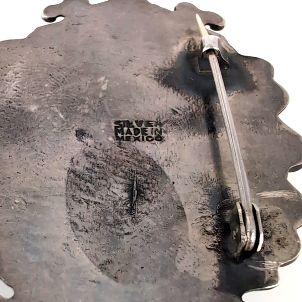 Vintage Sterling Silver Oval Cabochon Green Stone Agate ? Brooch Pin - Mexico - Picture 7 of 11